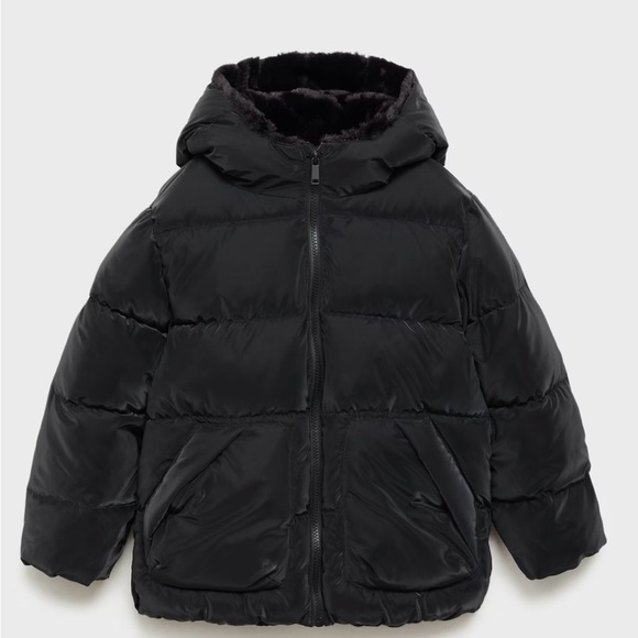 New Mango Kids Black Hooded Puffer Jacket - Picture 1 of 3